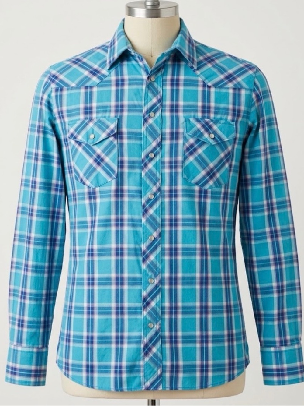 Wrangler Western Shirt Mens L Tall Turquoise Plaid Pearl Snap Cowboy Country